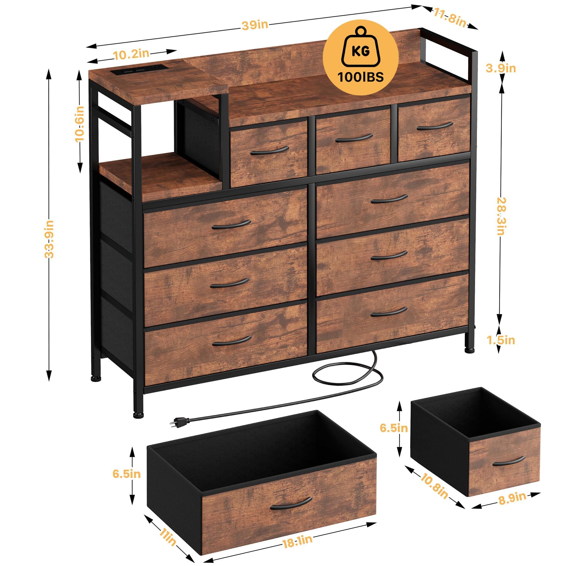 Cassettiera Garvee con 9 cassetti in tessuto, multifunzionale per camera da letto e soggiorno, 100x30x86 cm, colore retrò