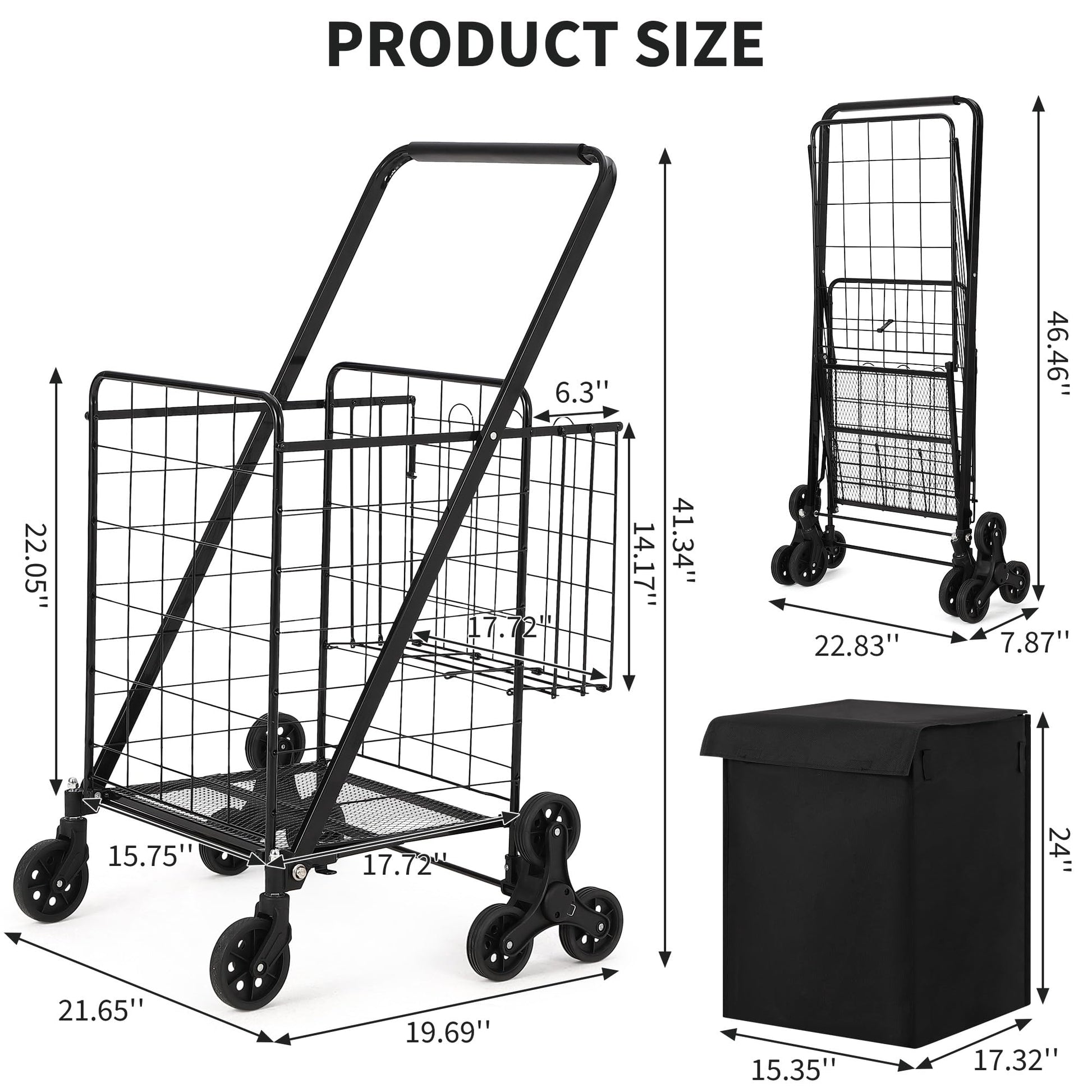 Carrello della spesa Garvee con saliscale e ruota a 360°, pieghevole, cestino impermeabile in Oxford 600D, robusto per la spesa e il campeggio, nero, grande