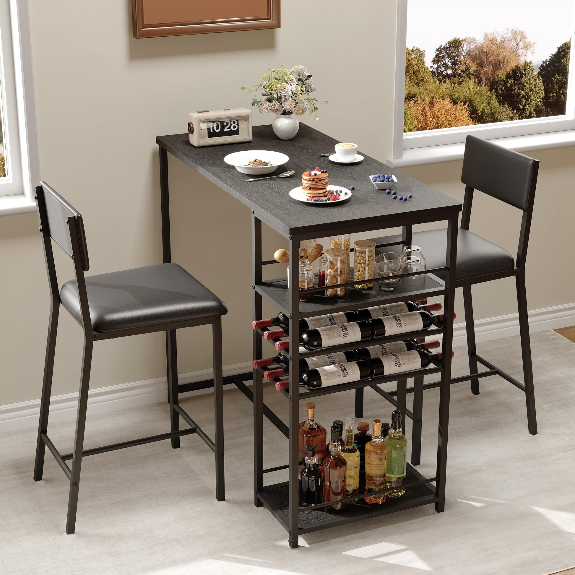 Tavolo da pranzo piccolo Garvee per 2 persone con 4 ripiani e portabottiglie, panca imbottita, struttura in acciaio, legno rustico, salvaspazio, cucine e studi piccoli
