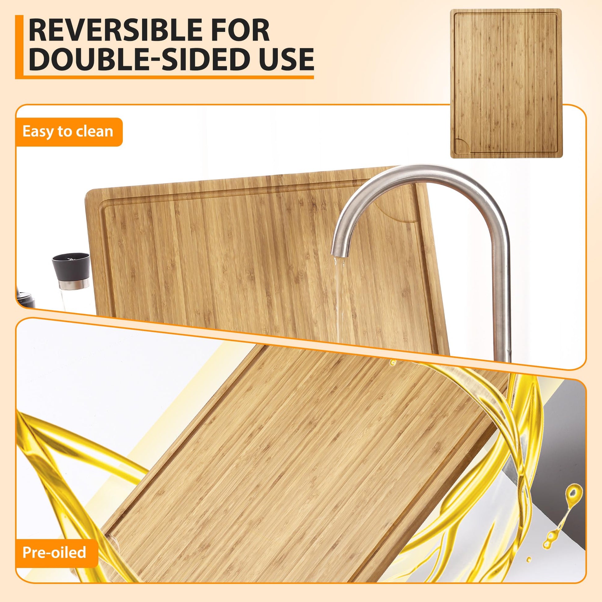 Tagliere in bambù extra large Garvee 24x18" con scanalatura per il succo e manici per cucina e carne, legno robusto, bifacciale, spessore 0,8"