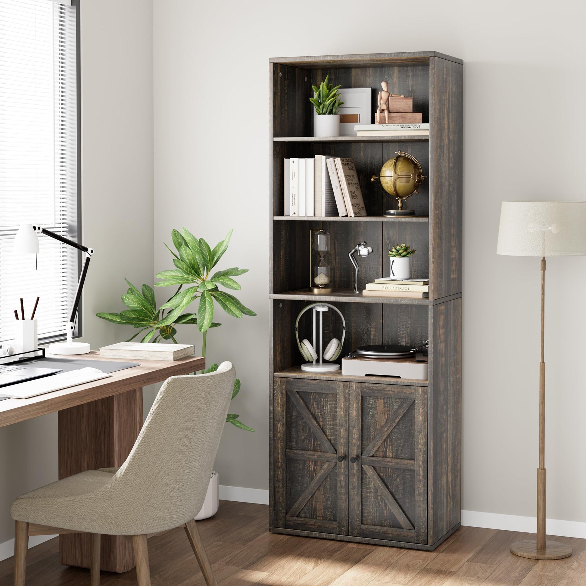 Libreria Garvee con ante, stile industriale, 6 ripiani, profondità, capacità di carico 30 kg, design rustico in legno, per ufficio e soggiorno, bianco