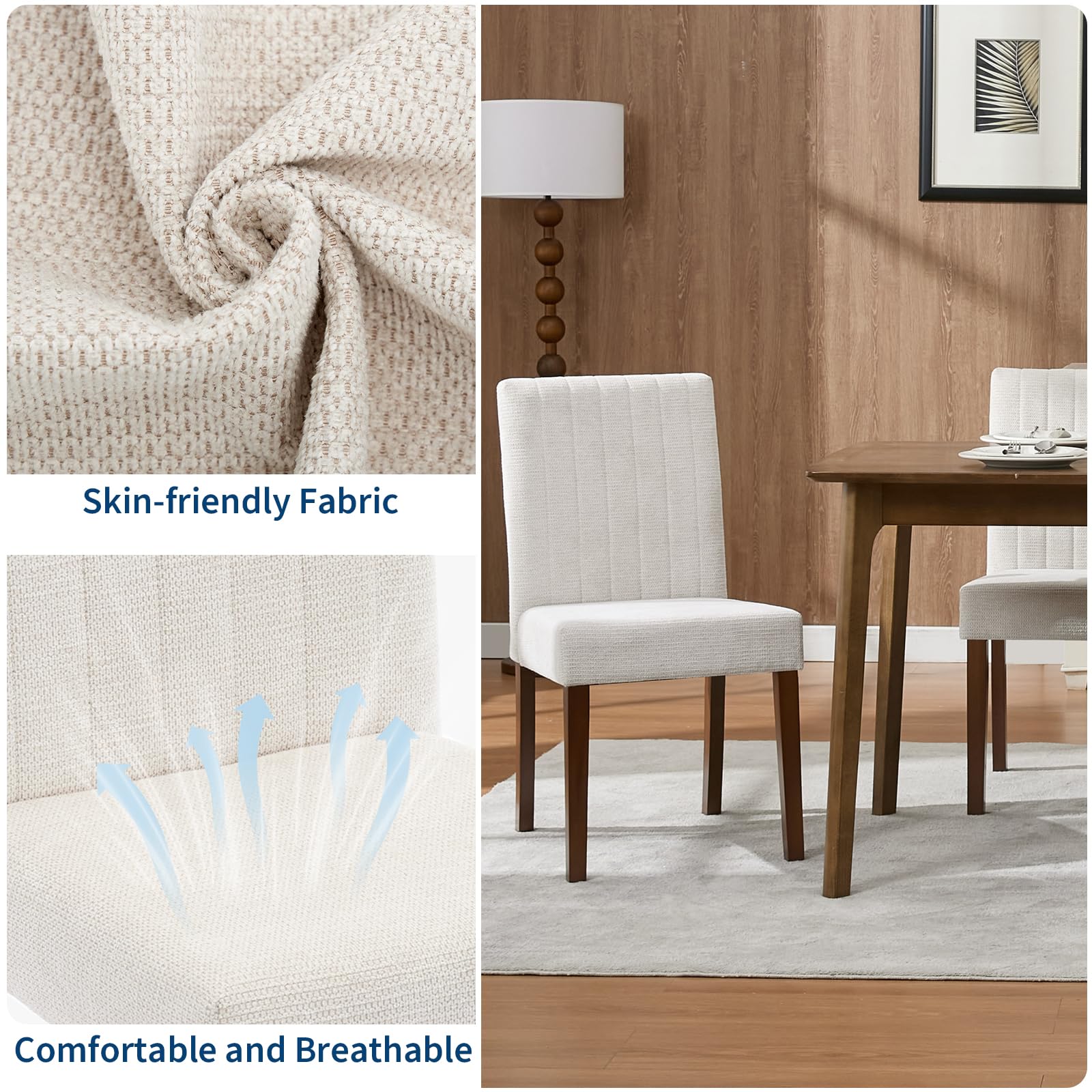 Sedie da pranzo Garvee Parsons con bottoni, set di 2, imbottite, ergonomiche, in tessuto di lino, gambe in legno di caucciù, strisce beige, per cucina e soggiorno