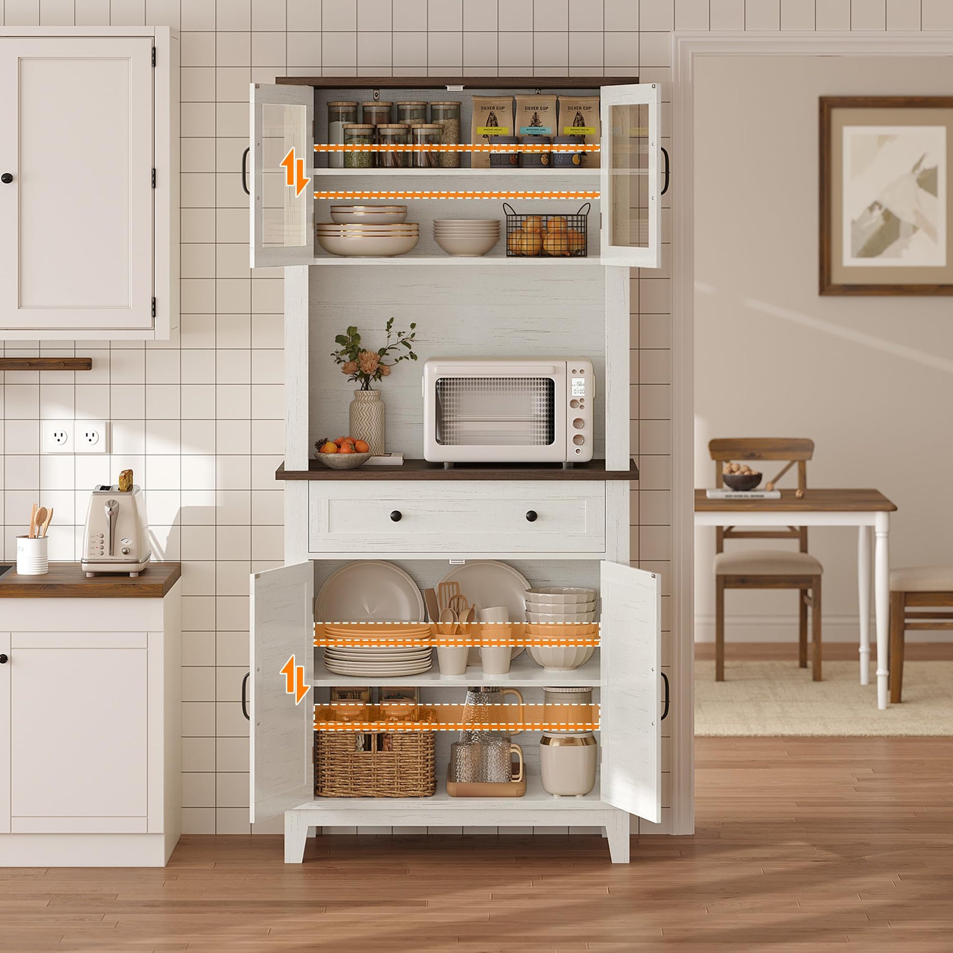 Mobile dispensa da cucina alto Garvee da 182.88 cm con scomparto per microonde, spazio di archiviazione, legno, cassetti, ante in vetro, bianco, sala da pranzo