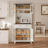 Mobile dispensa da cucina alto Garvee da 182.88 cm con scomparto per microonde, spazio di archiviazione, legno, cassetti, ante in vetro, bianco, sala da pranzo