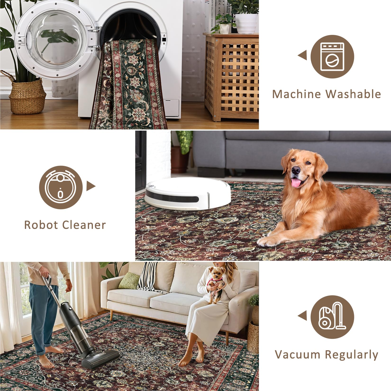 Tappeto vintage lavabile Garvee 120x170cm Tappeti retrò Soggiorno Camera da letto Sala da pranzo Marrone rossastro