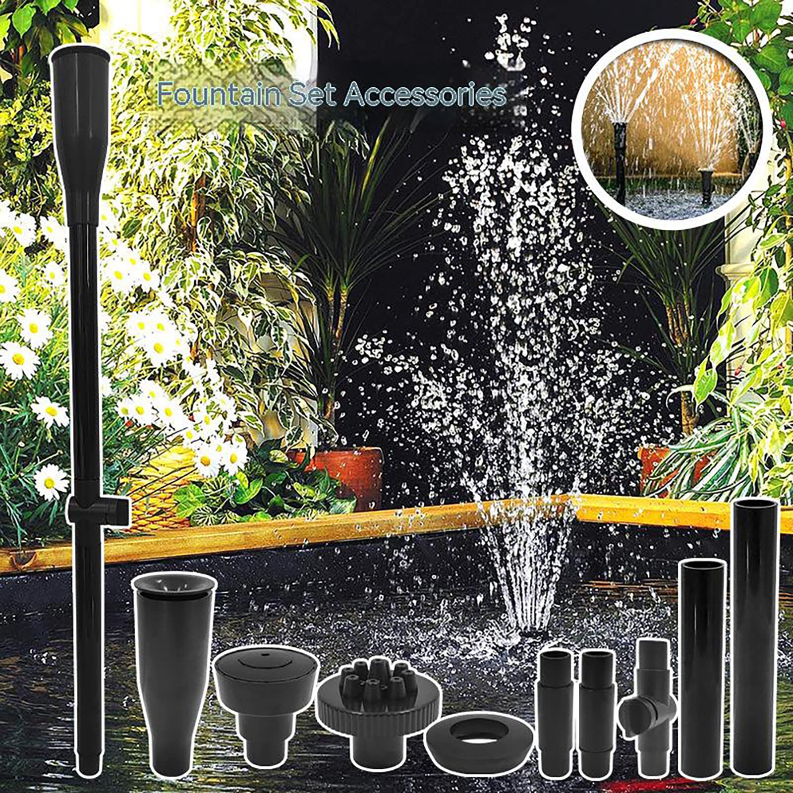 Garvee set di ugelli per pompe per fontane da 9 pezzi, altezza regolabile, testine di spruzzo per irrigatori a cascata per pompe sommergibili, giardino, acquario, laghetto, nero