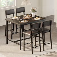 Set da pranzo Garvee per 4 persone con poggiapiedi e protezioni angolari, altezza bancone, sgabelli da bar imbottiti, struttura in metallo, piano in legno, compatto, per cucina e appartamento, multicolore
