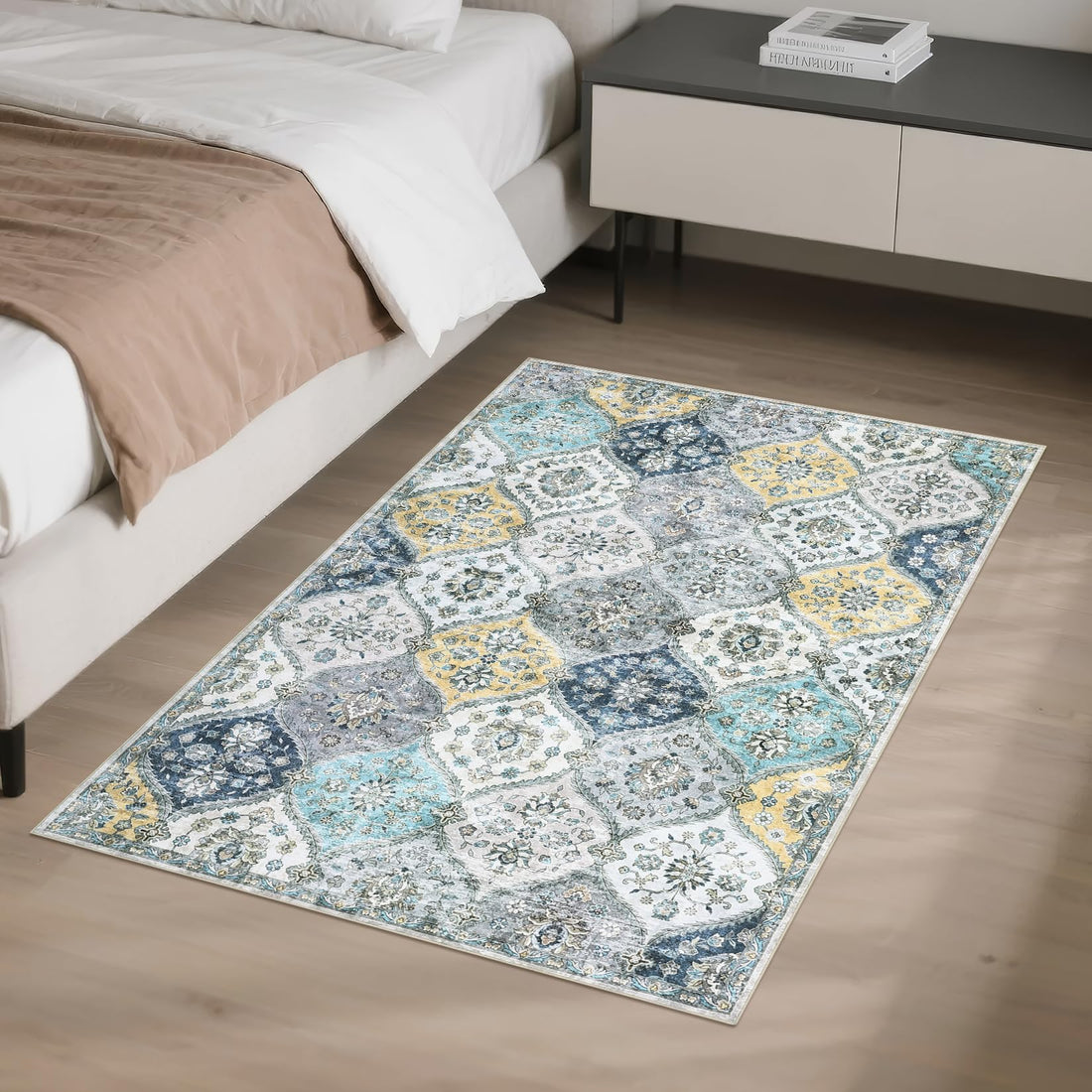 Garvee Tappeto piccolo 80 x 150 cm Tappeto vintage antiscivolo lavabile blu giallo