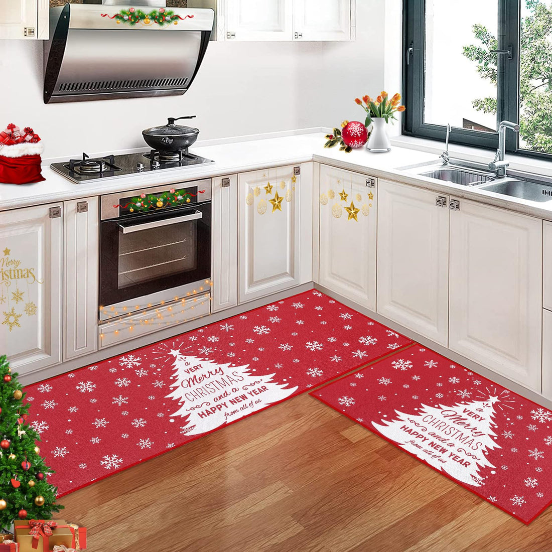 Garvee Set 2 Tappeti Natalizi Cucina Ingresso Antiscivolo Lavabile Lino Rosso 40x60cm 40x120cm