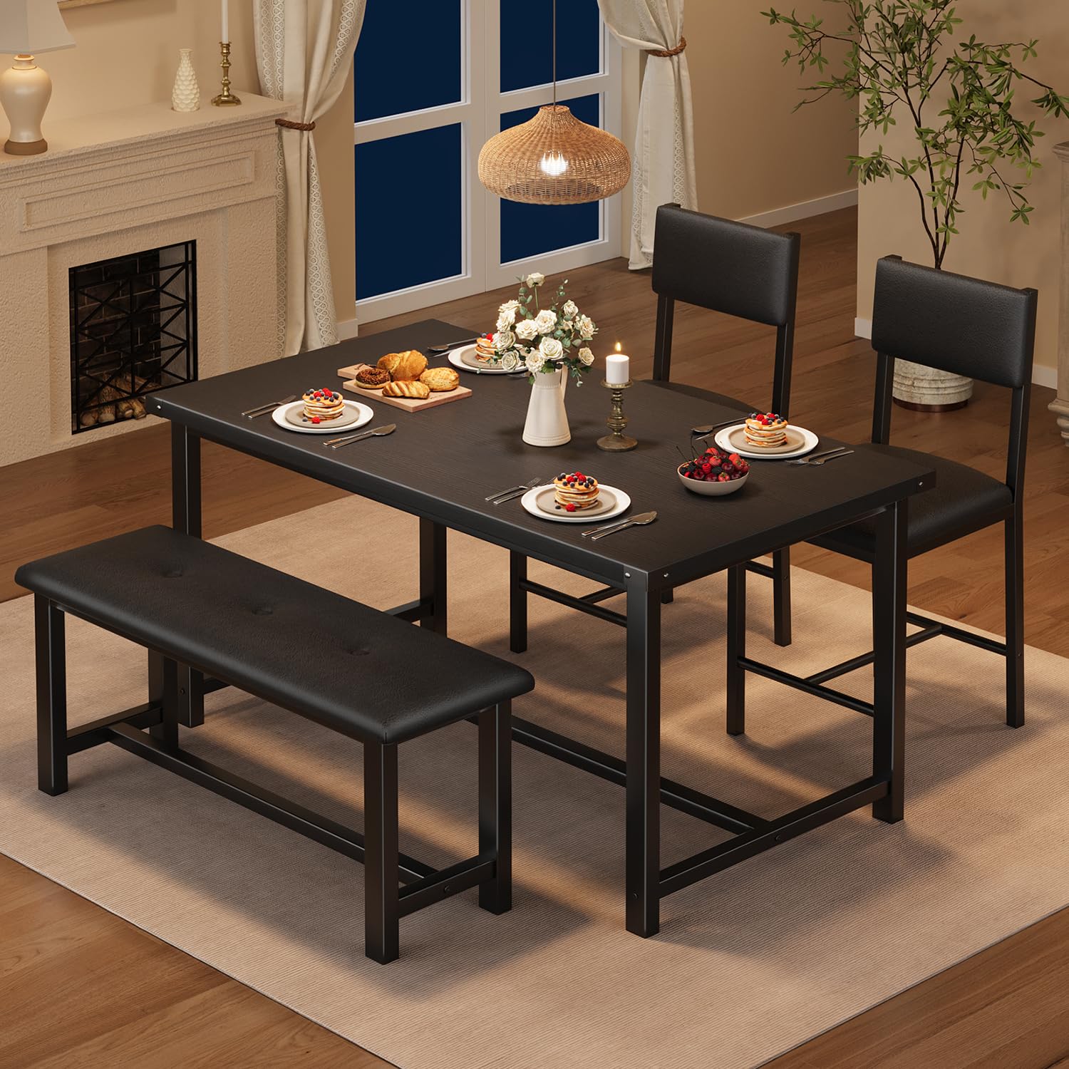 Set da pranzo Garvee per 4 persone con 2 posti imbottite e panca, MDF e acciaio, robusto, salvaspazio, per stanze e appartamenti di piccole dimensioni, grigio