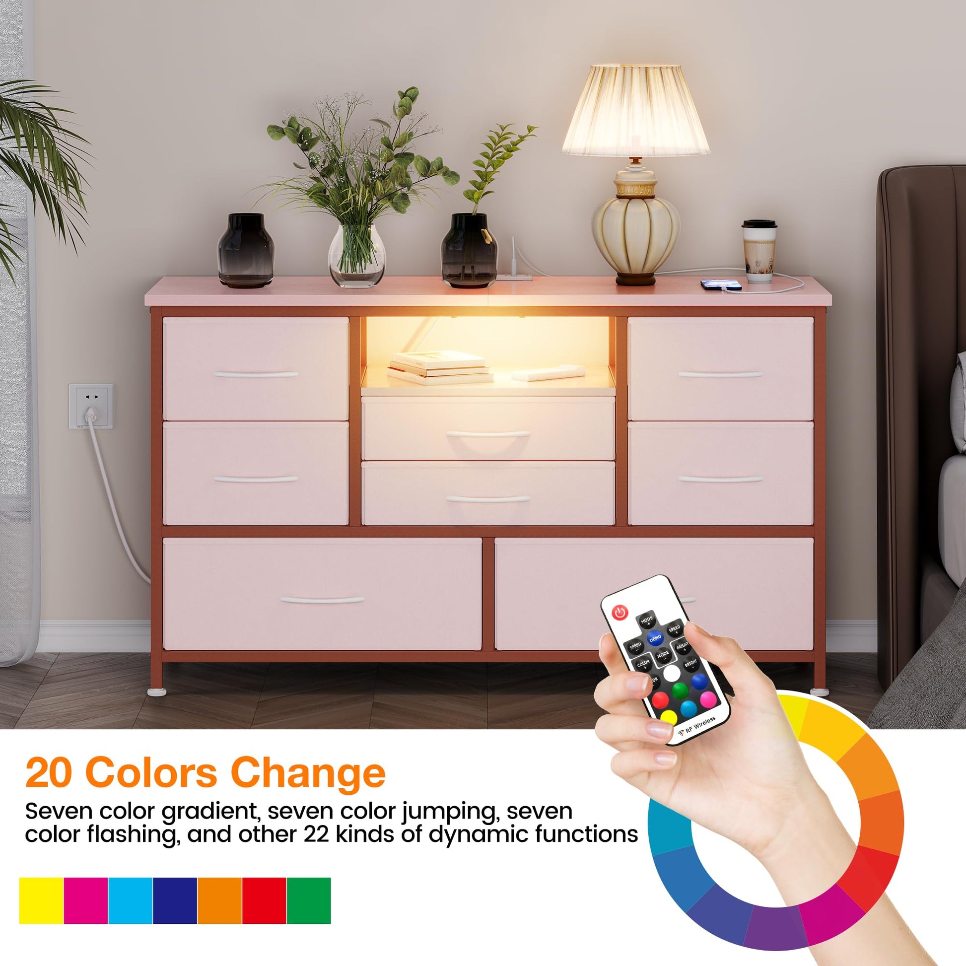 Mobile TV Garvee a 8 cassetti con illuminazione a LED e presa di corrente per soggiorno e camera da letto, legno MDF, luce RGB, ampio spazio di archiviazione, bianco