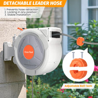 Avvolgitubo retrattile Garvee da giardino da 5/8" x 65 piedi con spruzzatore a 9 funzioni, lunghezza bloccabile, PVC e ottone, ritorno lento automatico, rotazione di 180°, montaggio a parete per giardino