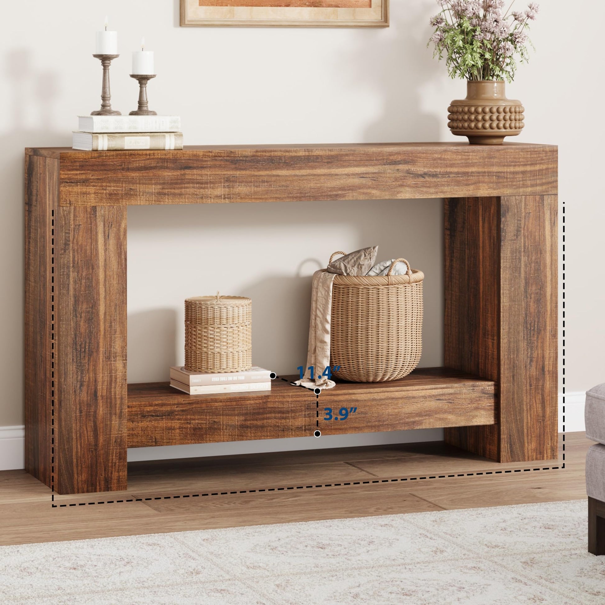 Tavolo consolle Garvee da 47" per corridoio con 2 ripiani, base in legno robusto, stile country, soggiorno e ingresso, marrone