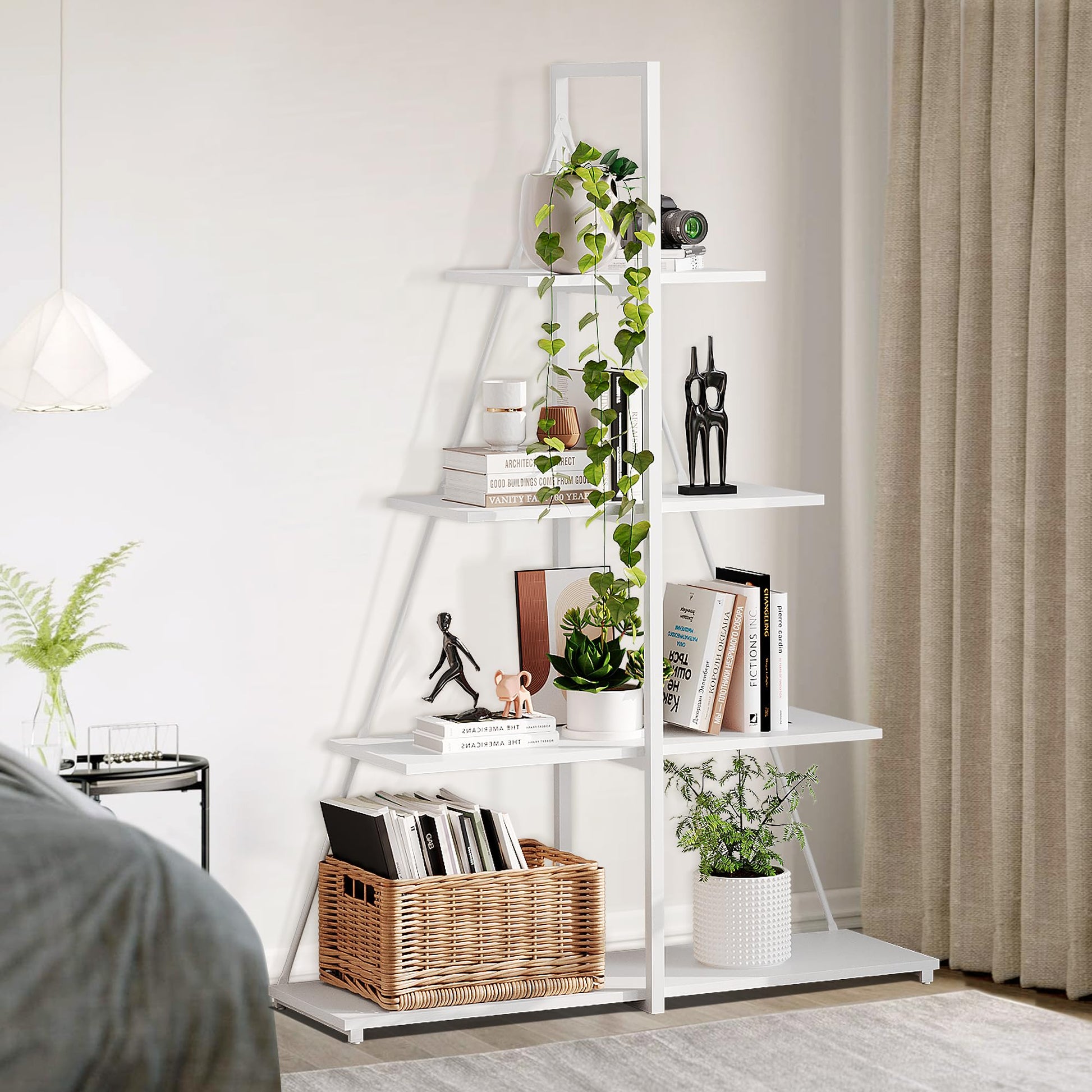 Libreria a 4 ripiani Garvee con design a barca a vela, in legno e metallo, per soggiorno/ufficio, bianca, robusta