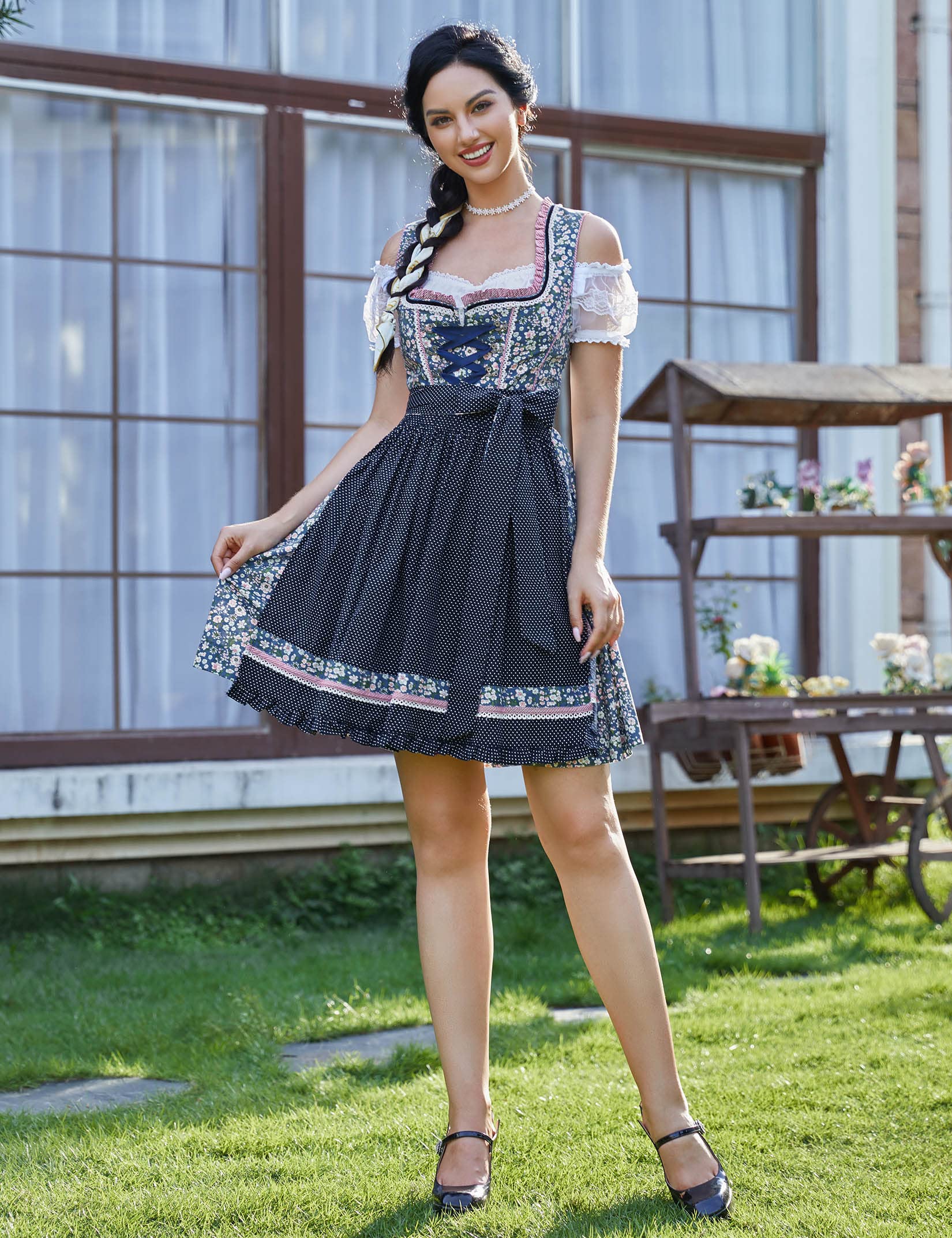 Abito tradizionale Dirndl da donna Garvee, corto con ricami, tre pezzi, Oktoberfest, blu scuro con fiori, taglia 36