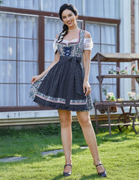 Abito tradizionale Dirndl da donna Garvee, corto con ricami, tre pezzi, Oktoberfest, blu scuro con fiori, taglia 36