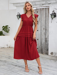Abito estivo retrò alla moda da donna Garvee con maniche fluenti, elegante, rosso vino, taglia M