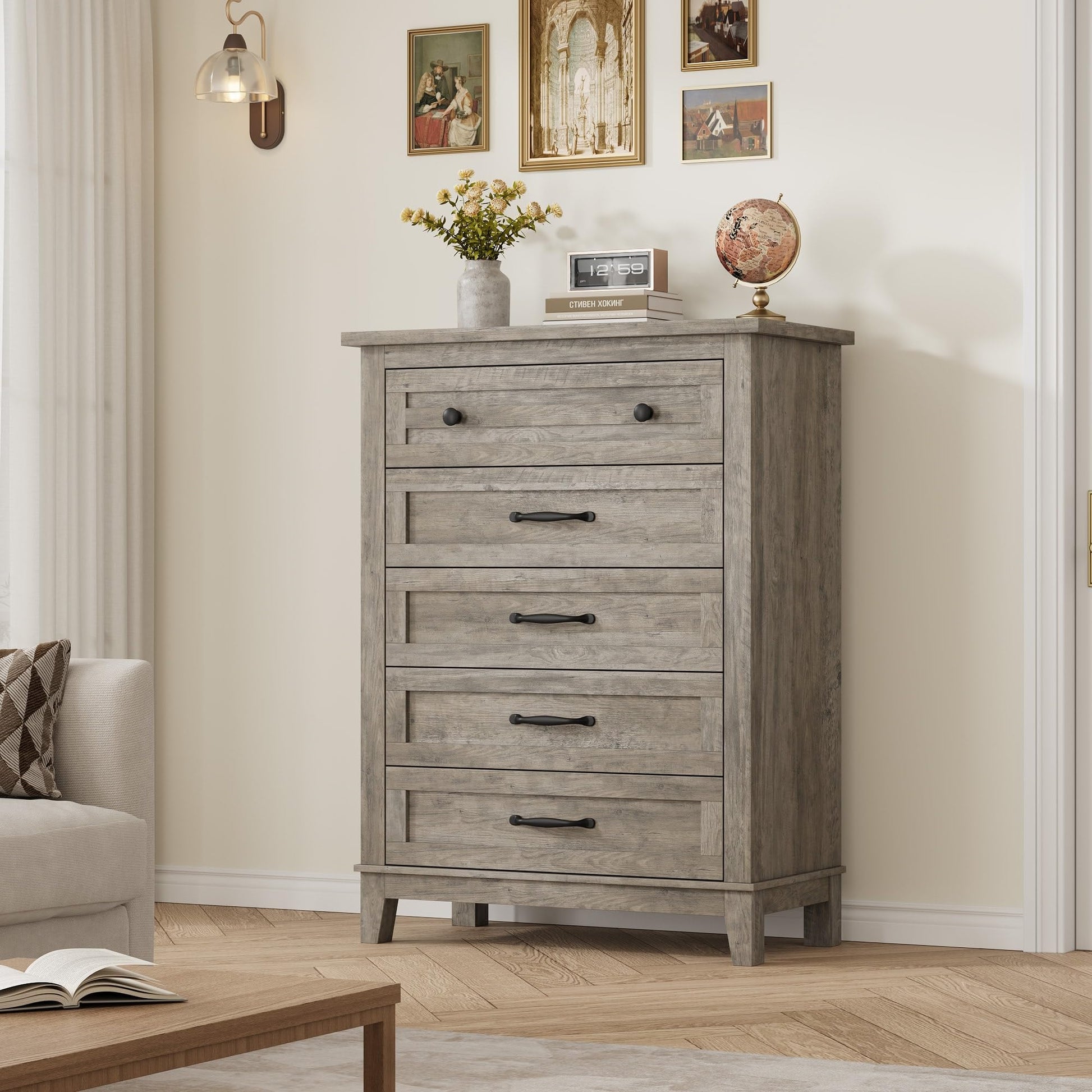 Cassettiera Garvee a 5 cassetti con ampio spazio di archiviazione, in legno MDF, tavolo impermeabile per camera da letto e soggiorno, 31,5x15,8x41,3 pollici, colore naturale