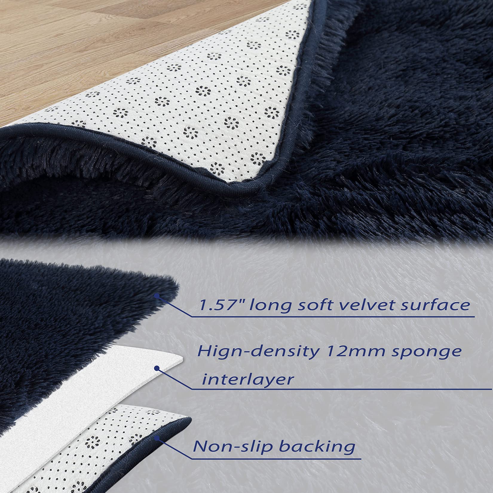 Tappeto Garvee Navy 8x10 piedi soffice velluto 4 cm pelo poliestere antiscivolo morbido per soggiorno e camera da letto