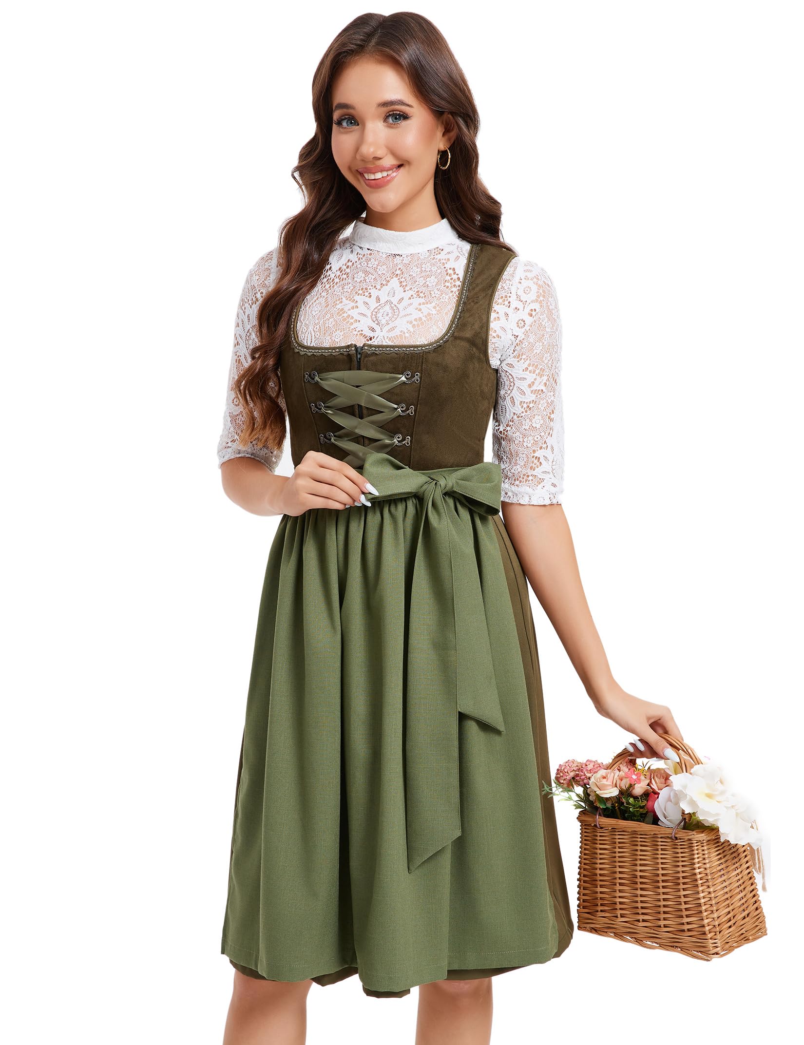 Garvee - Set completo di 3 pezzi di Dirndl midi da donna, abbigliamento tradizionale per l'Oktoberfest, verde militare, taglie 34-52