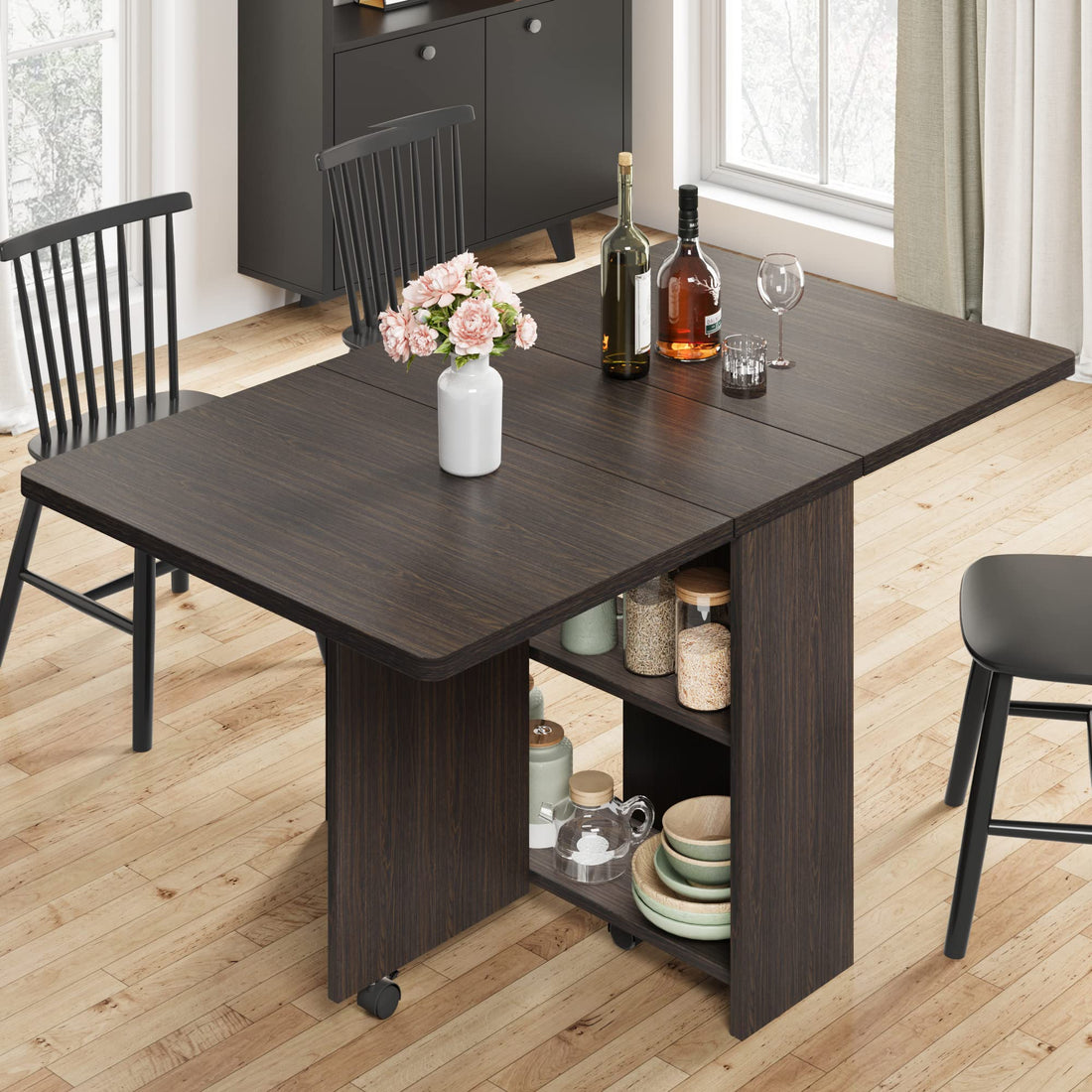 Tavolo da pranzo pieghevole Garvee con 6 ruote, ripiano a 2 livelli per piccoli spazi, noce scuro, 47,2"x23,6"x29,5"