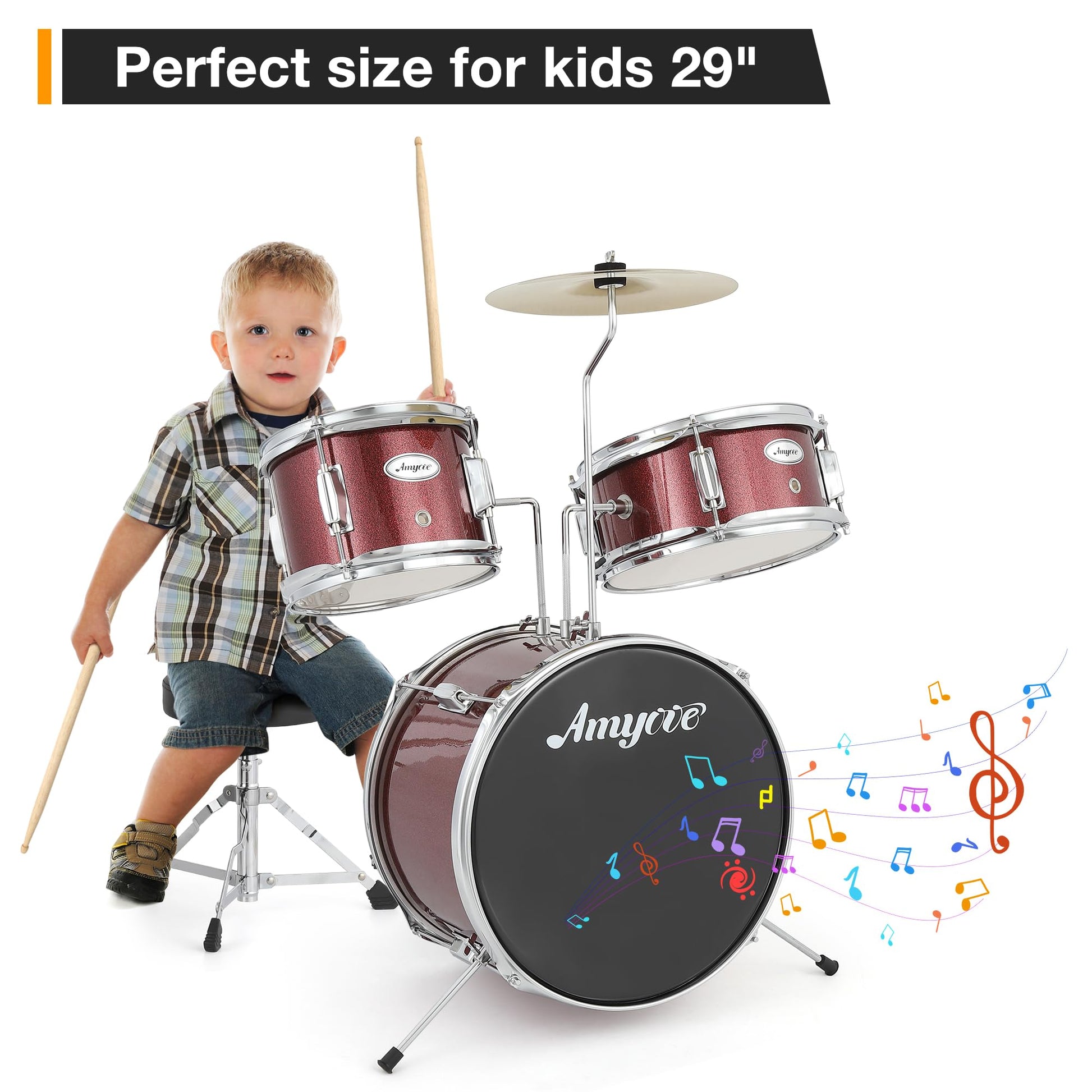 Garvee Battery per 3 persone per bambini con pianoforti e pedali per basso, cameretta per bambini, 29 persone, rossa