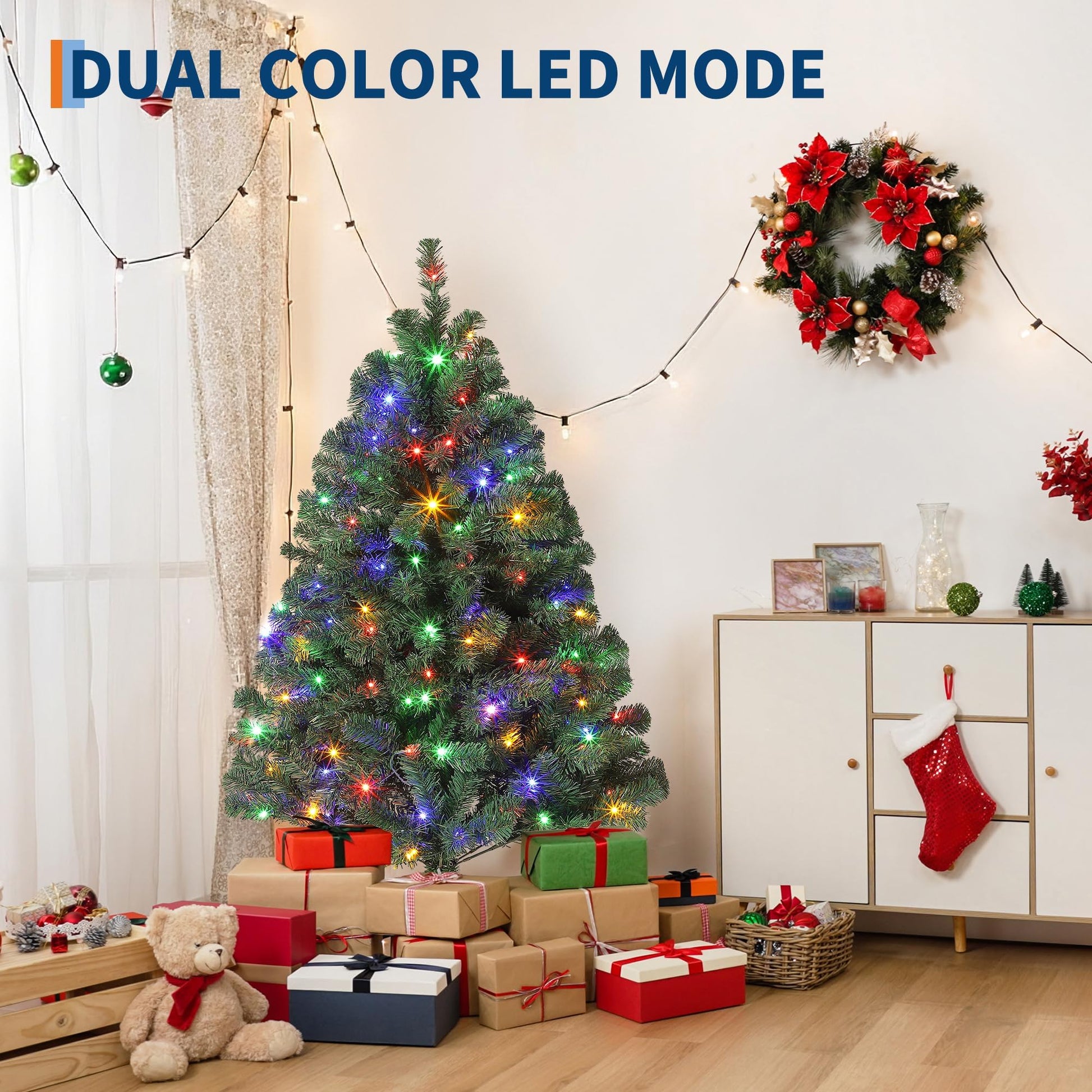 Albero di Natale Artificiale Garvee 140 cm - Effetto Abete Fraser, 250 Luci Multicolori 9 Modalità, Rami Incernierati Verde
