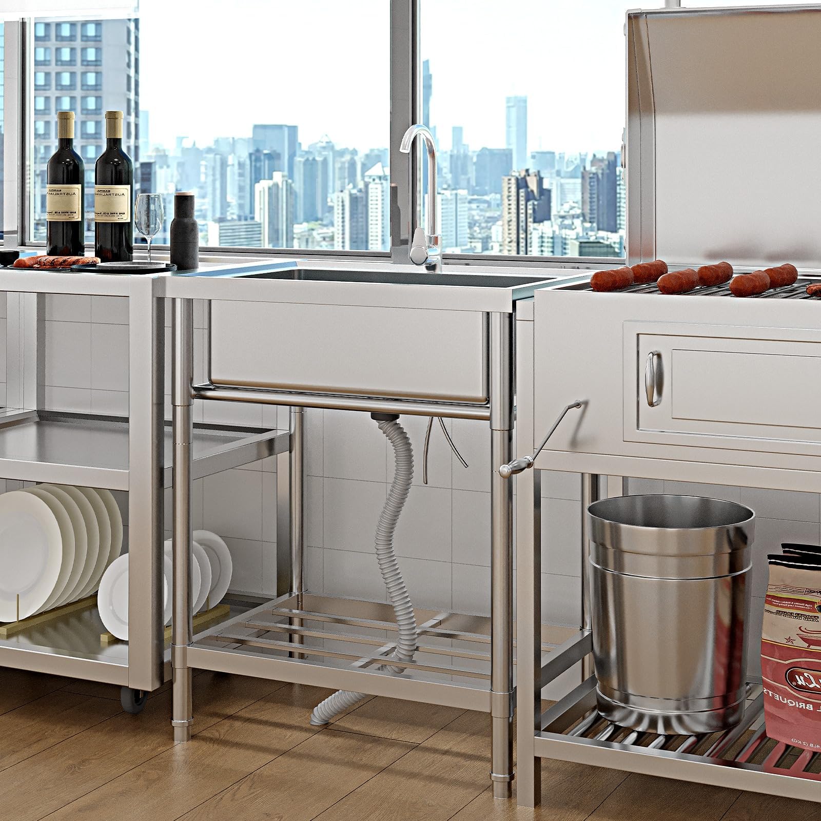 Lavello multiuso in acciaio inox Garvee da 28 pollici con vasca singola, bocca girevole a 360°, vano portaoggetti per cucina e giardino, robusto e antiruggine, argento