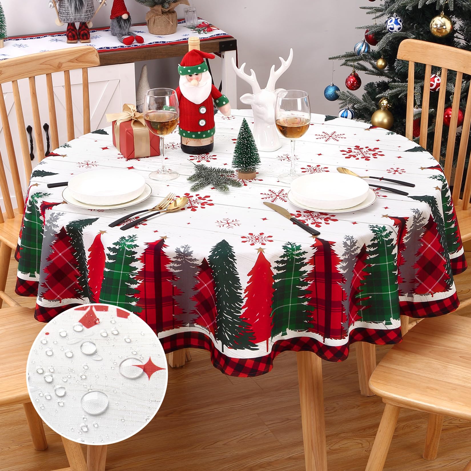 Tovaglia natalizia rotonda Garvee con motivo a pino, venature del legno, 152,4 cm, resistente, facile da pulire, festiva