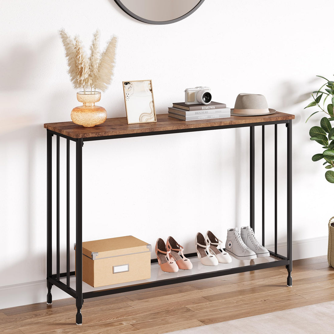 Tavolo consolle Garvee stretto con ripiani in vetro a 2 livelli in legno e metallo per corridoioio e soggiorno 41,3"x11,8"x31,8" Retro naturale