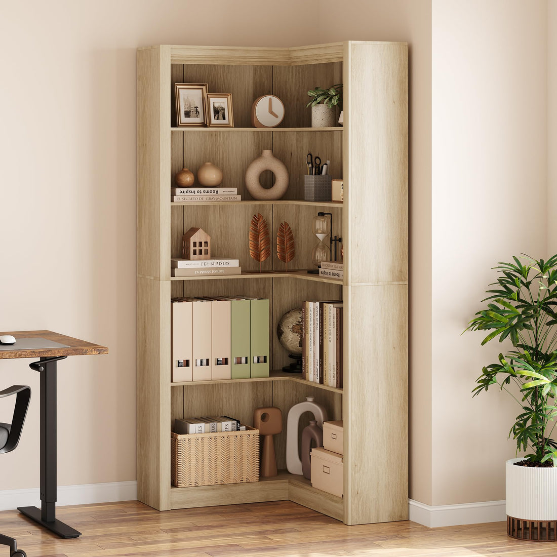 Mensola angolare Garvee da 71,8" a forma di L in stile rustico, a 5 ripiani, in MDF, antigraffio, stabile, con kit antiribaltamento, per soggiorno, bianco