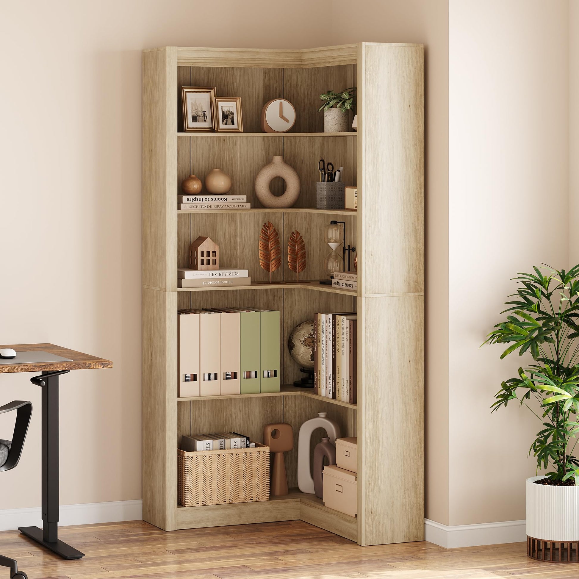 Mensola angolare Garvee da 71,8" a forma di L in stile rustico, a 5 ripiani, in MDF, antigraffio, stabile, con kit antiribaltamento, per soggiorno, bianco