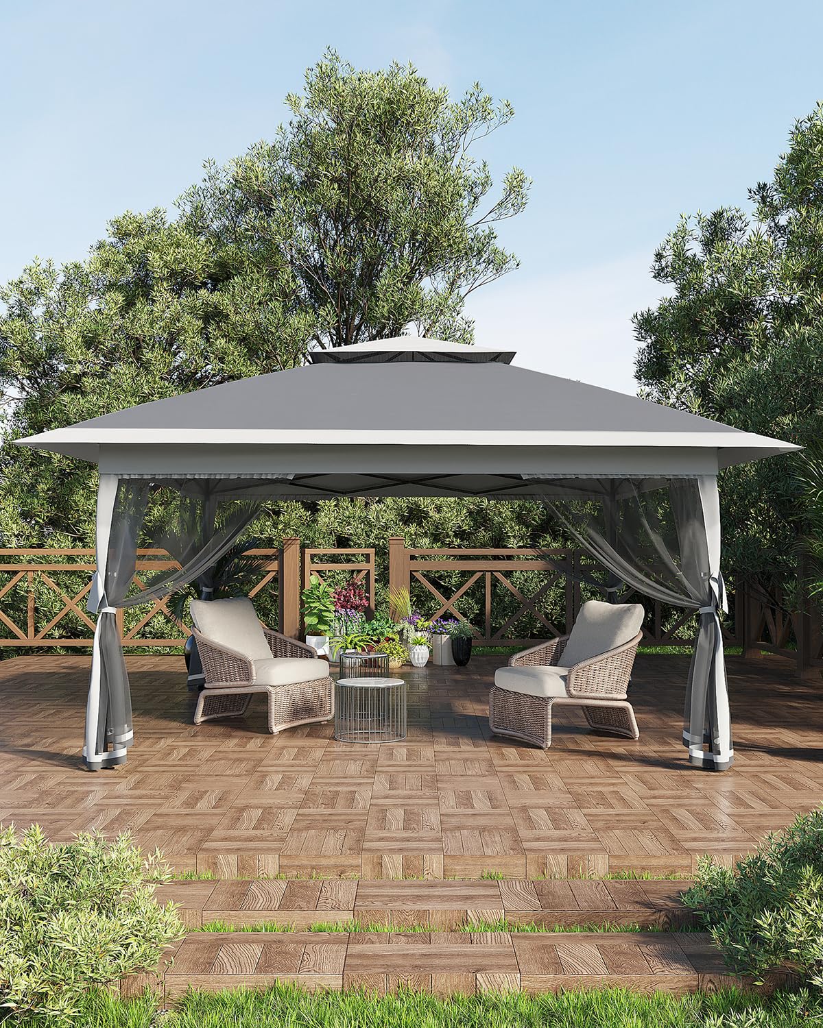 Tenda a baldacchino pop-up Garvee 12x12 con zanzariera, resistente ai raggi UV, altezza regolabile, struttura in acciaio, schermo per la privacy a 6 pannelli per giardino e patio, sacchi di sabbia inclusi