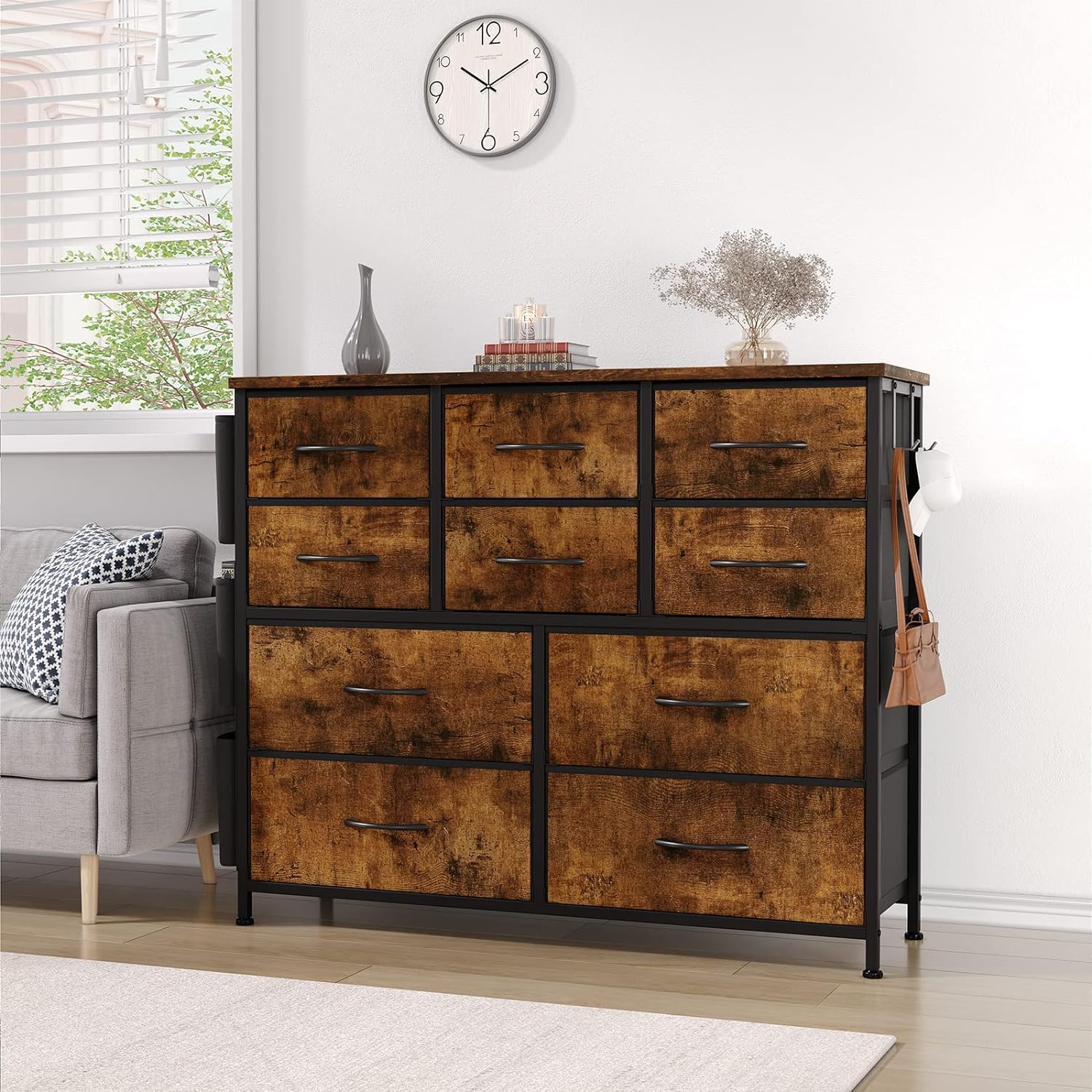 Cassettiera Garvee con 10 cassetti, tessuto, legno, piano del tavolo, guide in metallo, per camera da letto e soggiorno, salvaspazio