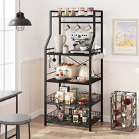 Scaffale da cucina Garvee Bakers Rack con 5 ripiani, 2 cestelli in filo metallico, 8 ganci, robusto MDF e acciaio, nero rustico, versatile per cucina e bar