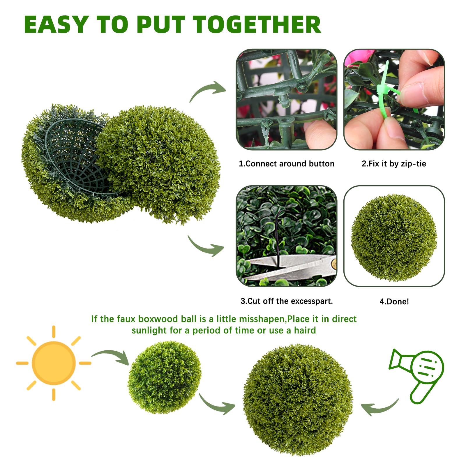 Garvee Artificial Bosso Balls 11,8 pollici Set di 4 Materiale PE resistente ai raggi UV e senza manutenzione per uso interno ed esterno Verde