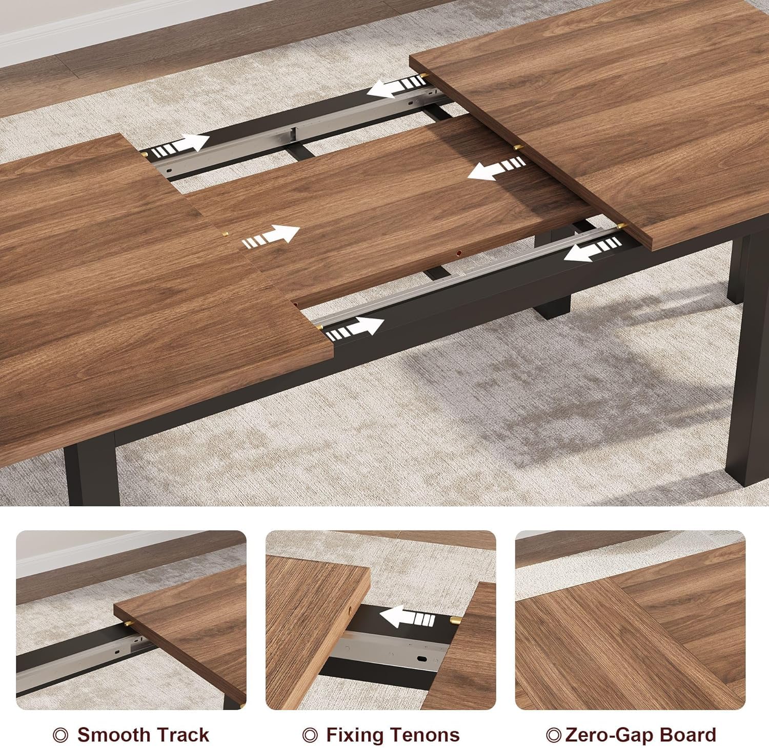 Tavolo da pranzo estensibile Garvee per 6-8 persone con struttura in metallo e piano in legno MDF per cucina e sala da pranzo, 63 pollici, nero industriale