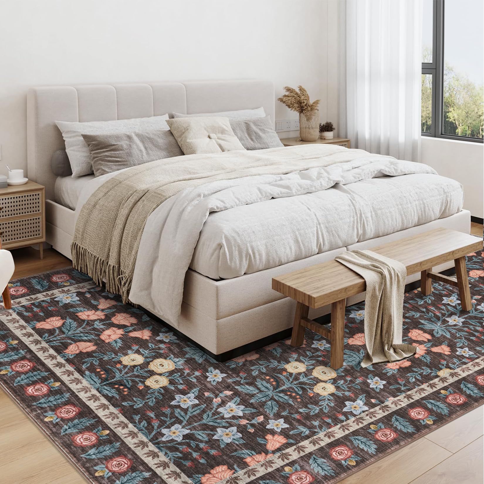 Tappeto Garvee Boho 120x170cm Nero Motivo Floreale Antiscivolo Pelo Corto Sintetico Soggiorno Sala Giochi