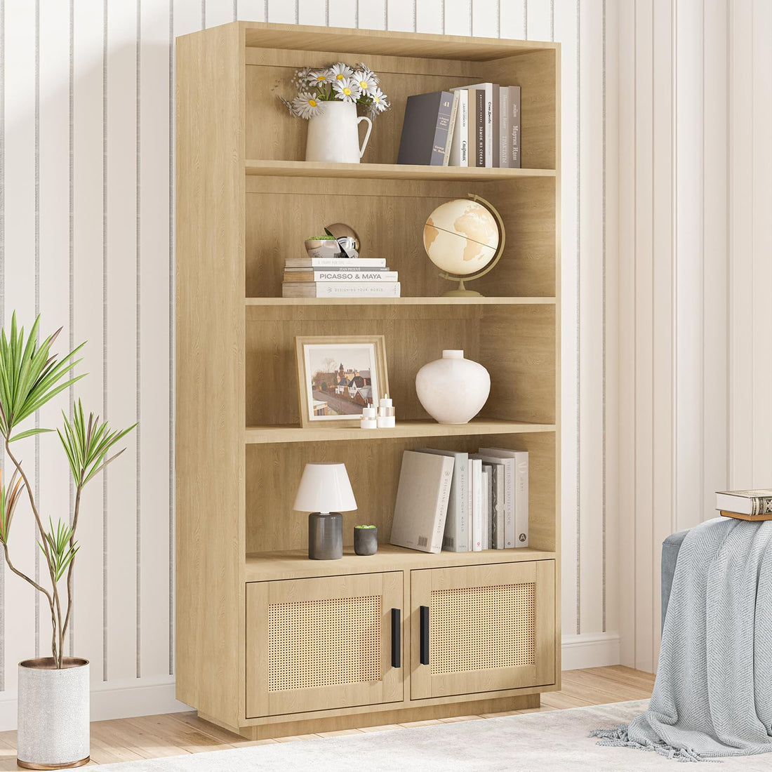 Libreria Garvee Boho con ante in rattan, 5 ripiani, MDF robusto, soggiorno/ufficio, 31,5"L x 63"A, colore naturale
