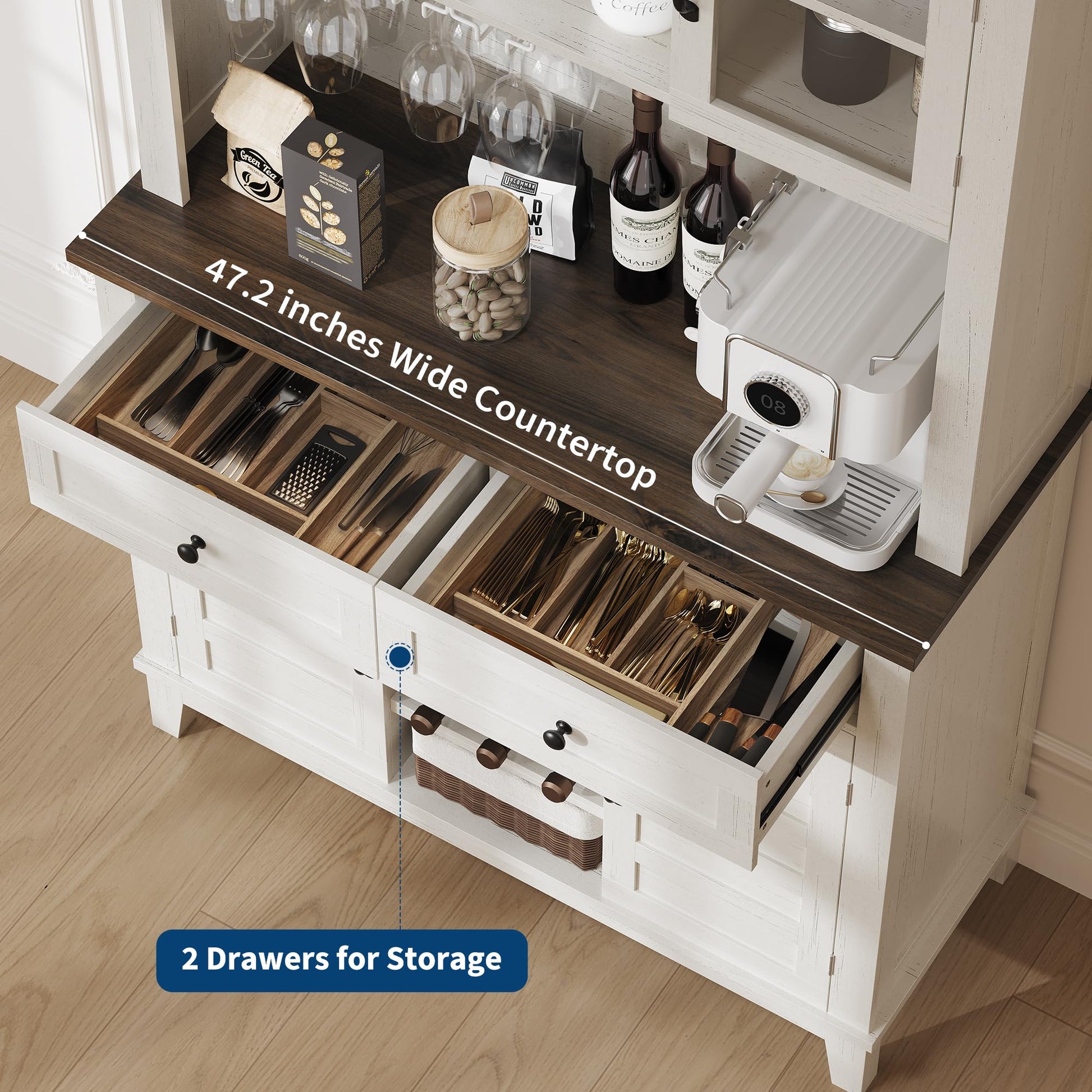Mobile da cucina Garvee alto 72" con 4 ante, portabottiglie, cassetti, bianco, sala da pranzo, angolo bar, legno, ripiani regolabili