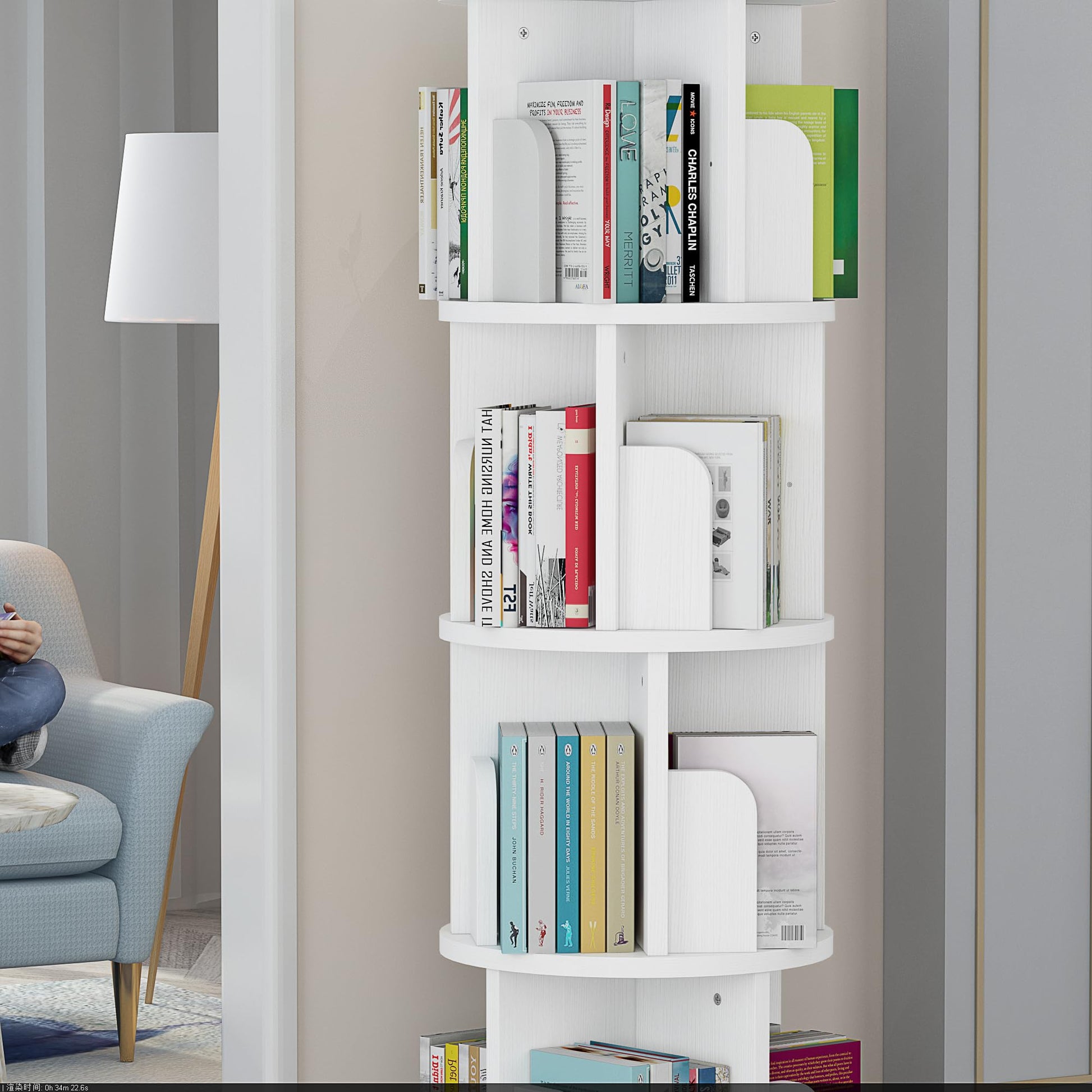 Libreria girevole Garvee da 51,2" in legno bianco, girevole a 360°, a 4 ripiani, resistente legno di pino, salvaspazio, versatile per camera da letto e soggiorno
