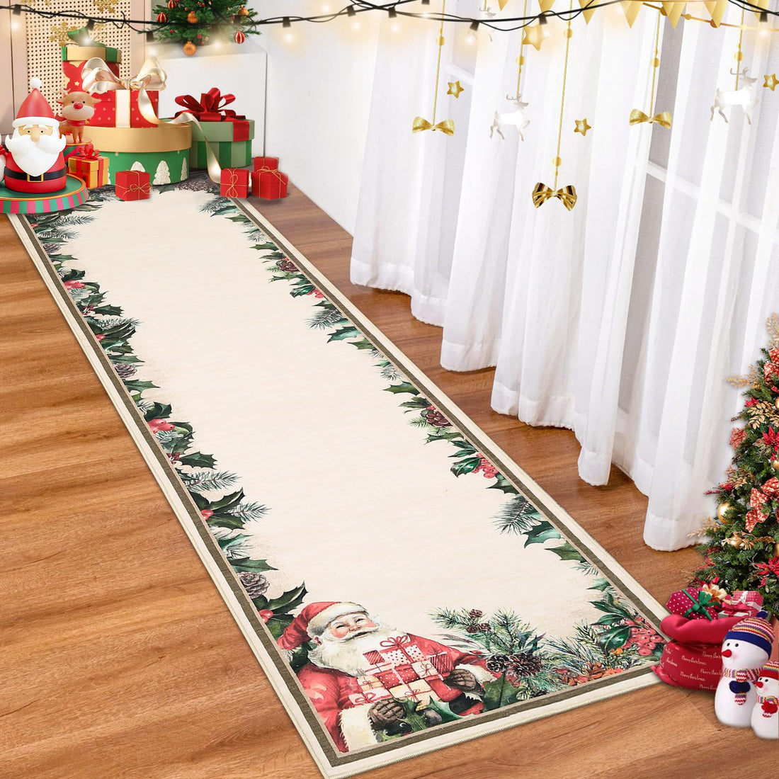 Tappeto natalizio Garvee 80x150 cm a pelo corto, lavabile, antiscivolo, per soggiorno, camera da letto, corridoio, decorazione natalizia, rosso e verde