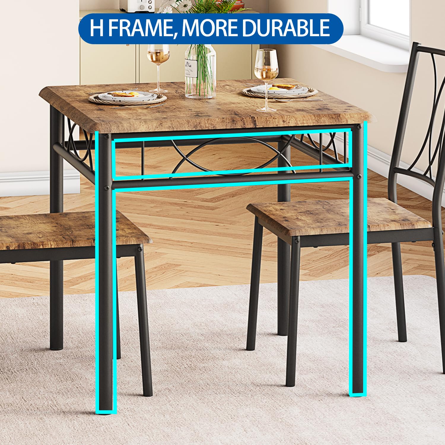 Set da pranzo Garvee da 3 pezzi per 2 persone, quadrato, salvaspazio, piano del tavolo in MDF robusto, sedie ergonomiche in legno, marrone rustico, compatto per piccoli spazi