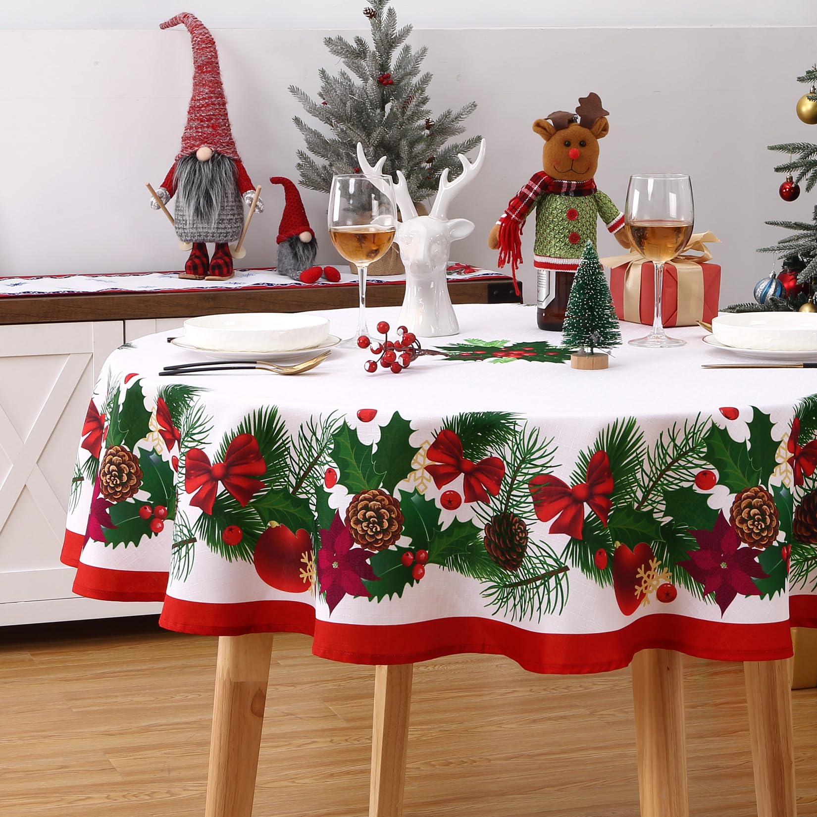 Tovaglia rotonda natalizia Garvee da 60 pollici con motivo a foglie, in poliestere impermeabile e resistente al calore, per sala da pranzo e soggiorno