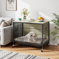Garvee Dog Crate Furniture 27,2" in legno con ruote e doppie porte per cani di piccola e media taglia, per interni, grigio rustico