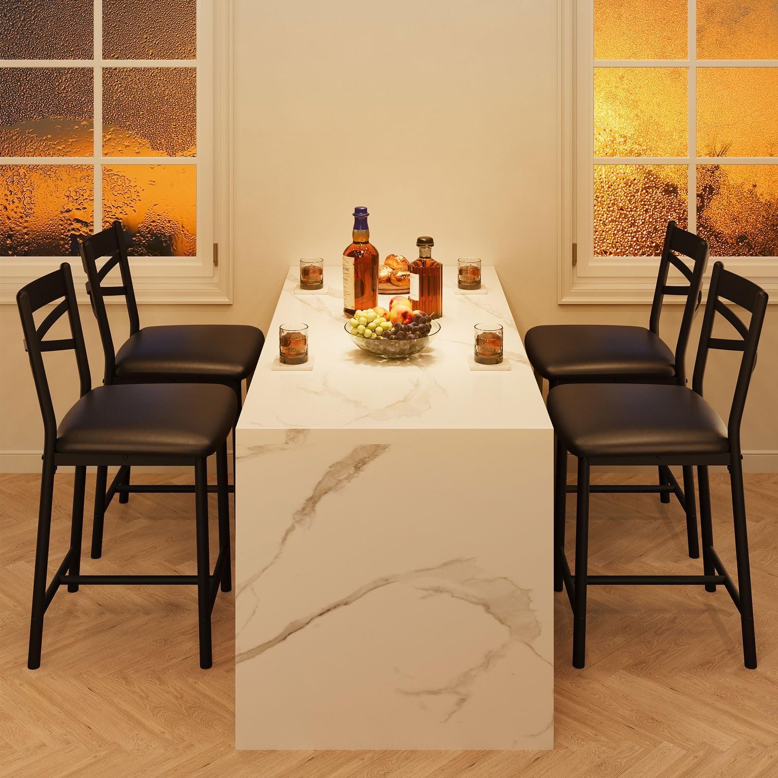 Set di 2 sgabelli da bar Garvee, struttura in metallo, seduta in PU, design a X, schienale, poggiapiedi, 26" nero, isola cucina, sala da pranzo