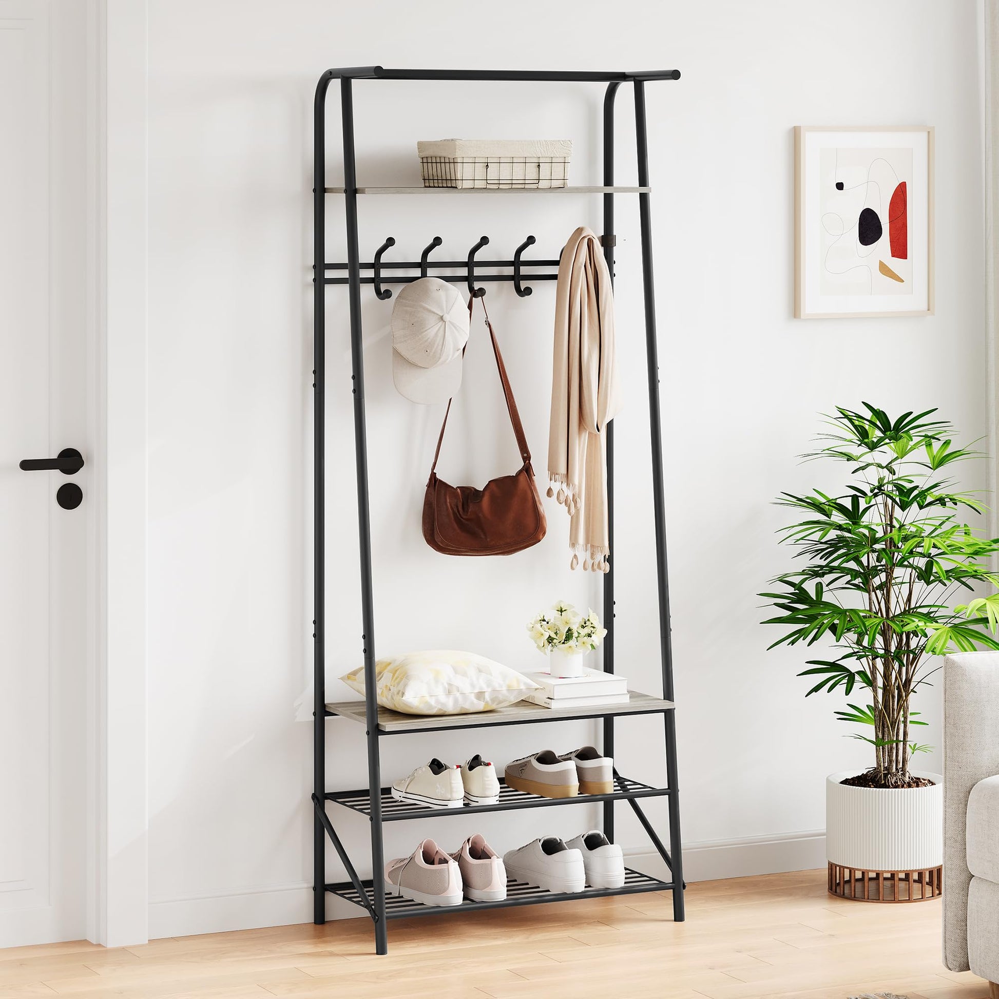 Panca multifunzionale per corridoio Garvee 4 in 1 – Con 5 ganci, scarpiera e struttura in metallo effetto legno per corridoio e soggiorno