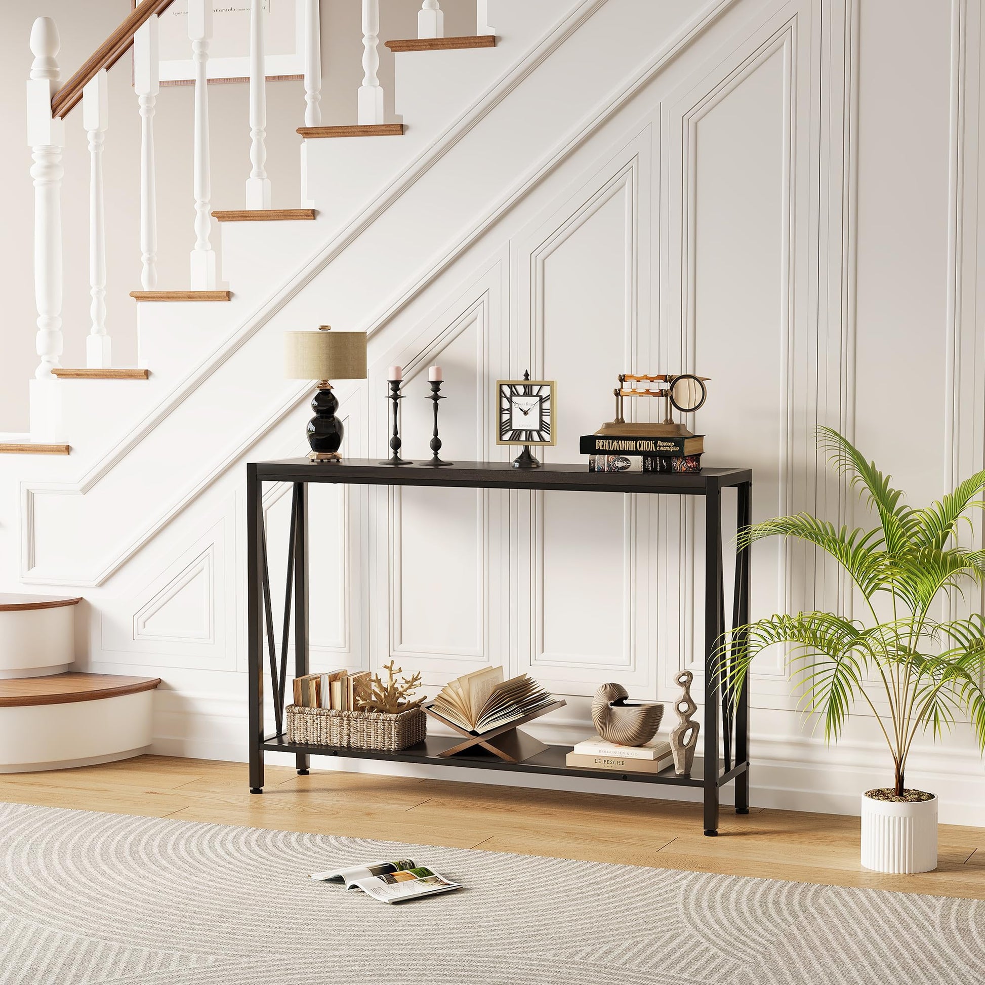 Tavolo consolle stretto a 2 ripiani Garvee per divano, ingresso, corridoio, soggiorno, 42.9x9.8x29.9 pollici, nero, salvaspazio, robusto