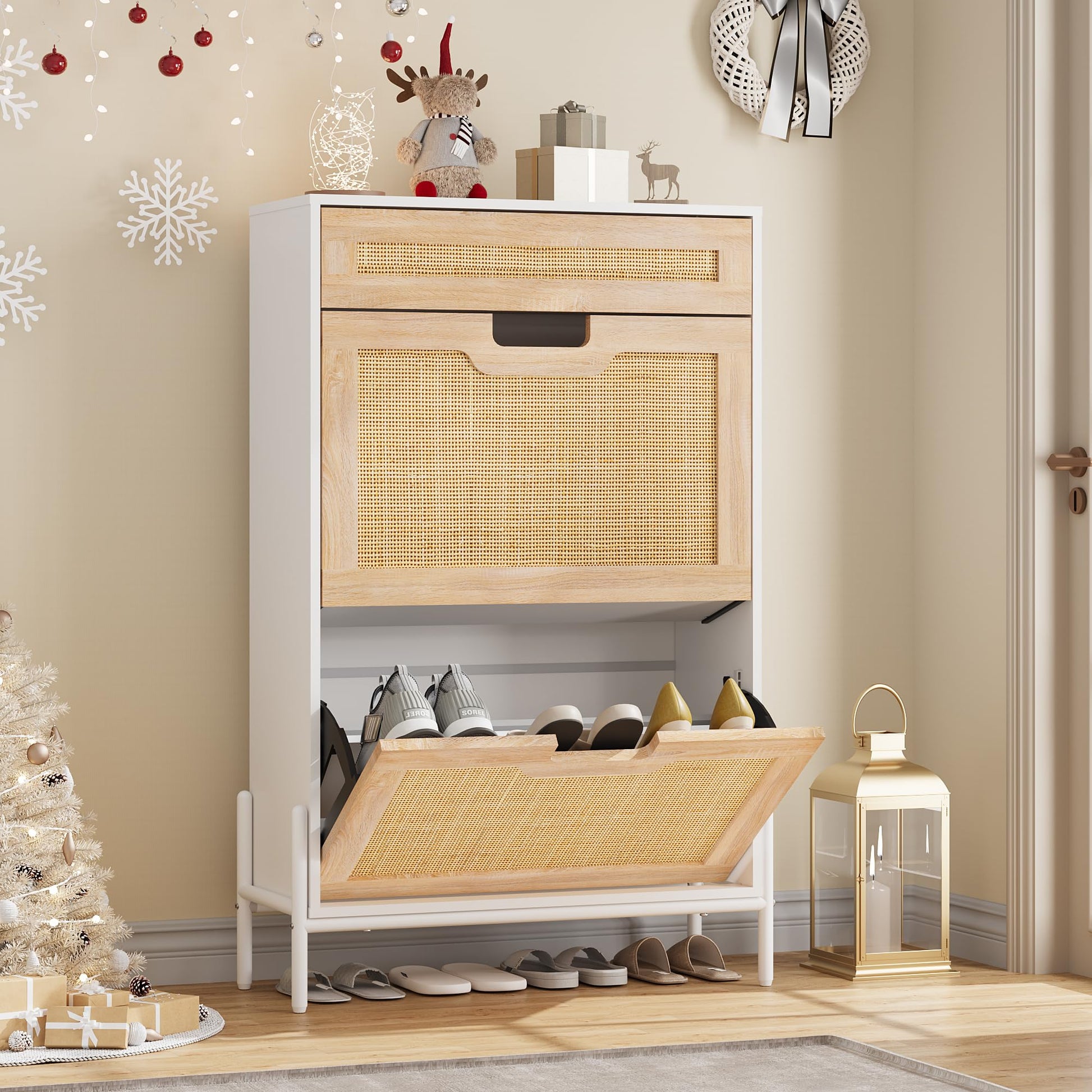 Scarpiera in rattan naturale Garvee con 2 ante a ribalta, cassetto, ripiani regolabili, bianco e rovere per corridoio e ingresso