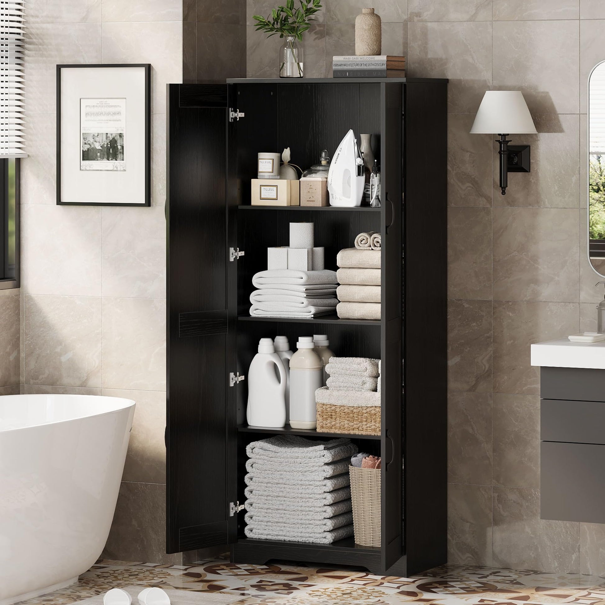 Mobile dispensa alto Garvee da 152.4 cm con 2 ante, ripiani regolabili, legno P2, maniglie in metallo, nero, per cucina e bagno, indipendente, 59.9 cm L x 30.2 cm P x 152.4 cm A